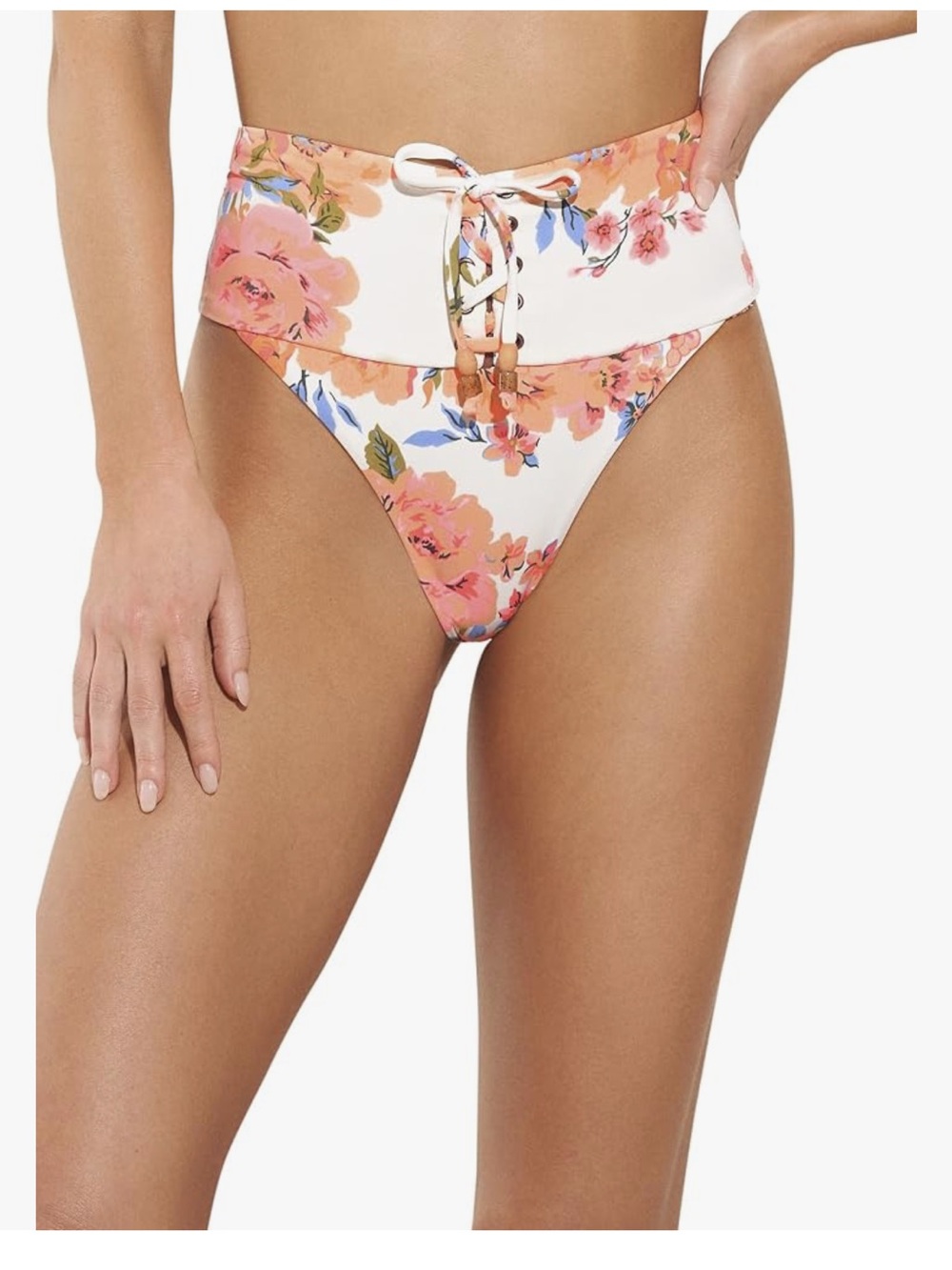 Maaji Floral High-Rise Lace-Up Bikini Bottom - Peach/Pink
